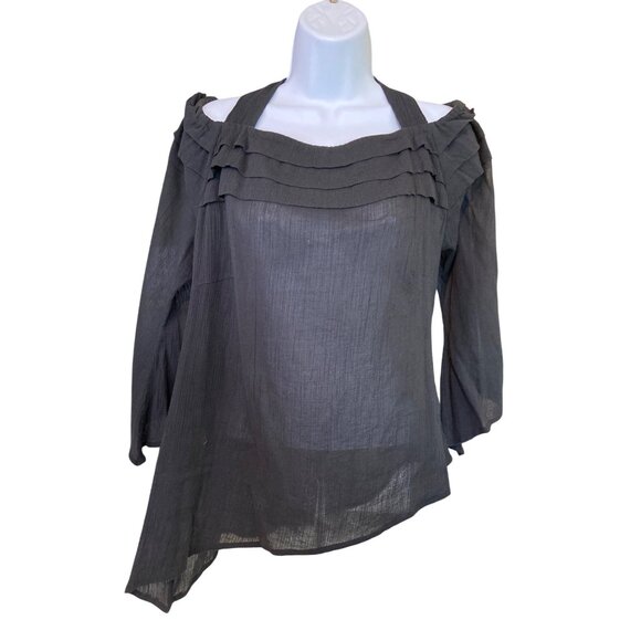 Bleu Bayou Black Cold Shoulder Sheer Blouse Size L Asymmetrical Hem - Picture 1 of 8